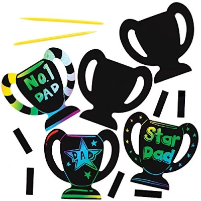 Image of Baker Ross AT917 Trophy Scratch Art Fridge Magnets Pack of 10, Rainbow Paper with Stylus for Kids to Decorate in Arts and Crafts Activities