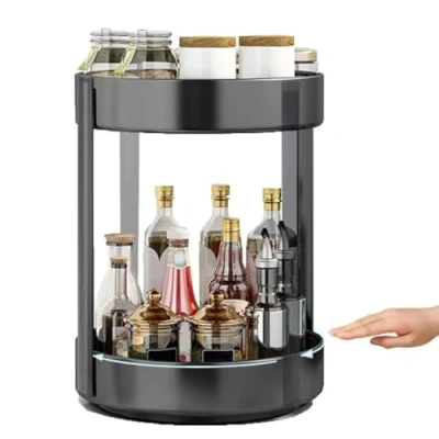 Image of Fineget Rotating Spice Rack Organizer for Cabinet Kitchen 2 Tier Large Metal lazy Susan Spinning Turntable Tiered Vertical Storage Self Black