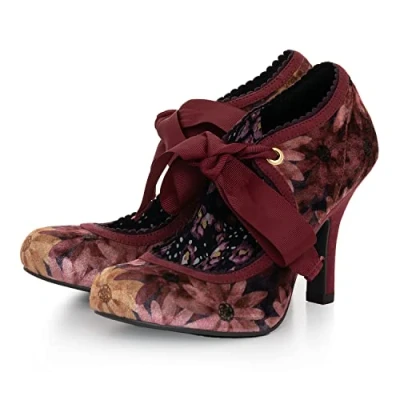 Image of Ruby Shoo Willow Burgundy Velvet Floral High Heel Ribbon Bootie UK 8