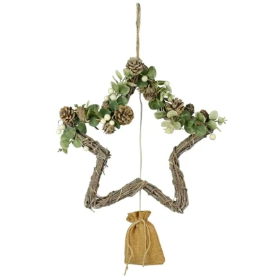 Image of Mr Crimbo Light Up Christmas Star Twig Decoration Pine Cones Rattan White Berries 30cm
