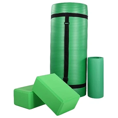 Image of BalanceFrom All Purpose 71&quot; x 24&quot; 1 Inch Extra Thick High Density Anti Tear Exercise Yoga Mat, Knee Pad with Carrying Strap &amp; 2 Blocks, Green