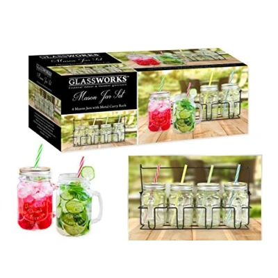Image of Mason Jar Drinking Mugs Carry Rack Cocktail Jars Summer 400ml Includes Re usable Straws