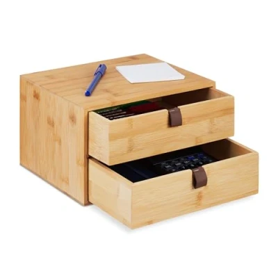 Image of Relaxdays Desk Organiser, 2 Drawers, Compartments, Bamboo, HxWxD: 14.5 x 25 20 cm, Office Utensils Storage, Natural, Polyester