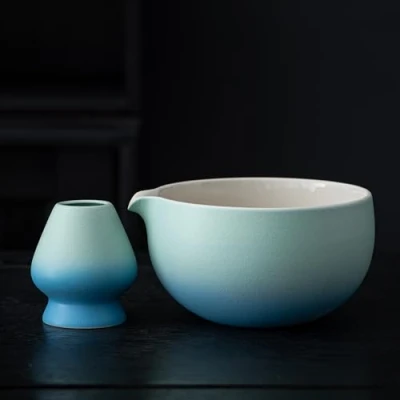 Image of TEANAGOO Japanese Ceramic Matcha Bowl with Whisk Holder,18 OZ.K31,Blue White Gradient,Chawan Tea Bowl,Matcha Bowl,Tea Bowls for Matcha,Ceramic Bowl…