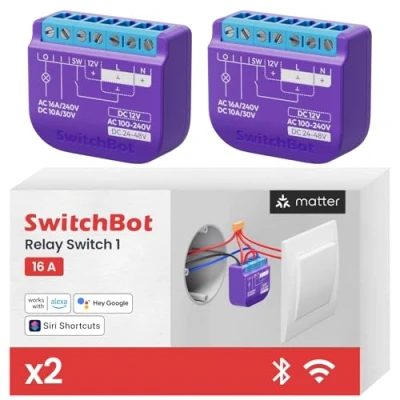 Image of SwitchBot Smart Relay Switch 1, Module with Built in Hub, Wi Fi&amp;Bluetooth Works Alexa/Apple Homekit/Google Home, 2.4GHz, Home Automation, 16A, 2pcs