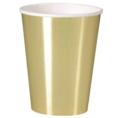 Image of Gold Foil Disposable Paper Cups (12oz) Pack of 8 Premium Board Design for Parties &amp; Events