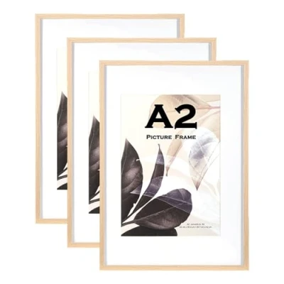 Image of Natural Wooden Picture Frame A2(42x59.4cm) with Mat,Set of 3, Mount for A3 or Certificate,Wall Mountable