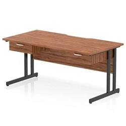 Image of Impulse 1600 x 800mm Scalloped Edge Straight Office Desk Walnut Top Black Cantilever Leg Workstation 2 1 Drawer Fixed Pedestal