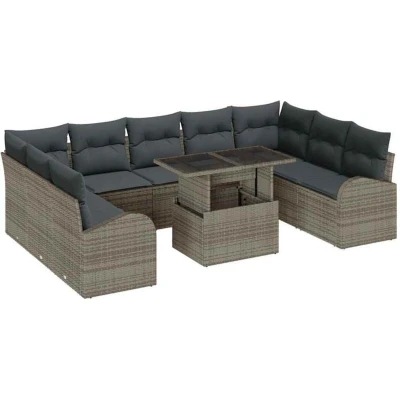 Image of vidaXL 10 Piece Garden Sofa Set with Cushions Grey Poly Rattan