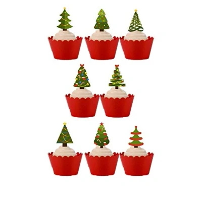 Image of 30 Stand Up Christmas Xmas Tree Themed Edible Wafer paper Cake Toppers Decorations