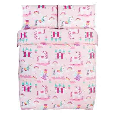 Image of Bloomsbury Mill Kids Double Duvet Set Bedding for Girls Unicorn, Rainbow &amp; Princess Childrens Bed Cover with 2 x Pillow Case Pink 200x200cm