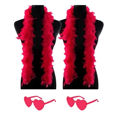 Image of db11 2 Pcs Feather Boas with Heart Rimless Sunglasses，4 ft Boa Halloween Christmas Bachelor Party Pack Accessory (Red)
