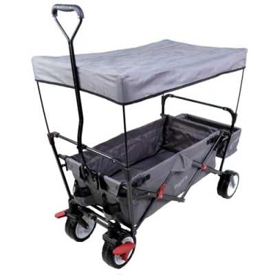 Image of FUXTEC folding wagon hand cart garden trolley carriage of children outdoor transport beach loose ground removable canopy pull handle 4 wheels rear bag cover CT350 grey
