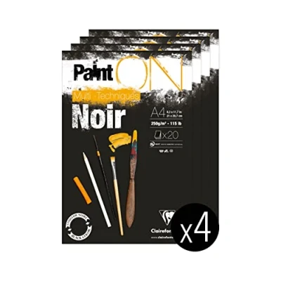 Image of Clairefontaine 975169C A glued pad of Paint&#039;On drawing paper 20 sheets 21x29.7 cm 250g, Black Pack 4 pads