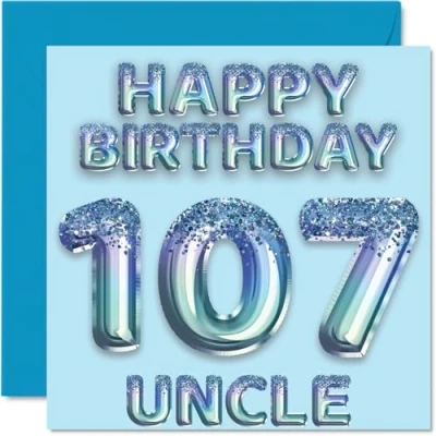 Image of 107th Birthday Card for Uncle Blue Glitter Party Balloons Happy Cards 107 Year Old from Nephew Niece, 145mm x Bday Greeting Gift