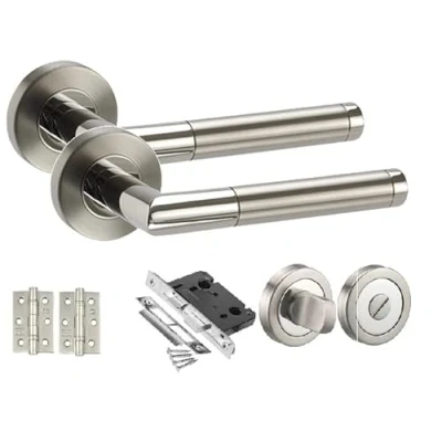 Image of Golden Grace Mitred Style Modern Chrome Door Handles on Rose with Duo Finish Lever Latch Pack Ball Bearing Hinges and 64mm Tubular or Bathroom Set Lock (Bathroom Set)