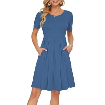 Image of AUSELILY Summer Dresses for Women UK Short Sleeve Pleated Loose Swing Casual Dress with Pockets Knee Length Beja Blue 2XL