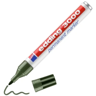 Image of edding 3000 permanent marker olive green 1 pen round tip 1.5 3 mm quick drying markers waterproof, smudge proof for cardboard, plastic, wood, metal, fabric pens