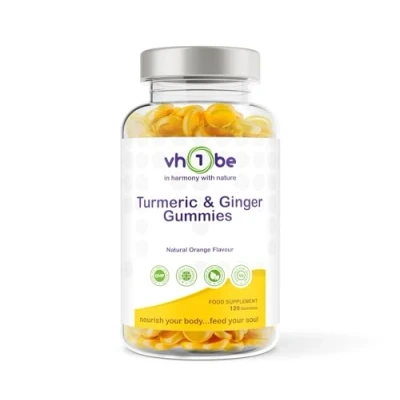 Image of vh1be Turmeric &amp; Ginger Gummies, 120 Orange Flavour Chewable Daily High Strength Supplement, Non GMO, Vegan