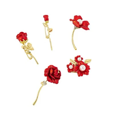 Image of 5Pcs Stylish Pearl Rose Flower Brooch Female Safety Pins Red Corsage Suit Breastpin Decorative Floral Lapel Pin for Women Party Banquet Wedding Accessories Jewelry Gift