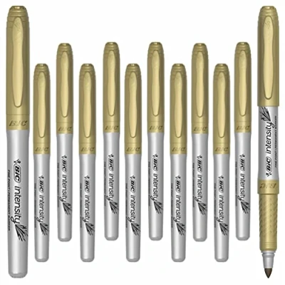 Image of 12 x Bic Intensity, Fine Point, Metallic Gold Permanent Marker Pens for Glass, Metal, CD, Coated Paper, Photos &amp; Plastics