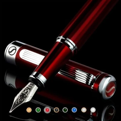 Image of Scriveiner Red Lacquer Fountain Pen Stunning with Chrome Finish, Schmidt 18K Gilded Nib (Medium), Best Gift Set for Men &amp; Women, Professional, Executive, Office, Nice Pens