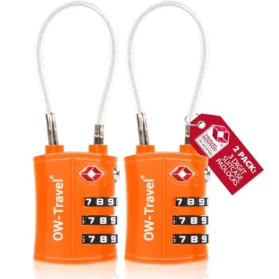 Image of TSA Approved Luggage Locks (2 Pack) OW Travel 3 Digit Heavy Duty Zinc Alloy Security Cable Padlock, Combination Padlocks, Code Lock for Suitcase, Zipper, Luggage, Bag, Case, Gym Locker (Orange)