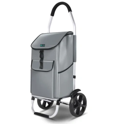 Image of VOUNOT Folding Shopping Trolley, Aluminium Lightweight Cart with Detachable Bag, Waterproof Fabric, Mudguard Stair Climbing Wheels Grocery 55L Grey