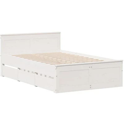 Image of vidaXL Solid Pinewood Bed Frame with Drawers White, 120x200 cm, Slatted Base, Sturdy Feet, Functional Headboard for Bedroom