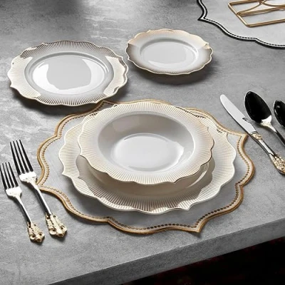 Image of KONIGTUM Luxury White and Gold 24 Piece New Fine Bone China Dinnerware Set for 6 People Dinner Plates, Soup Dessert Small Plates Crockery Service KOV GD