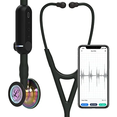 Image of 3M Littmann CORE Digital Stethoscope, 8572, High Polish Rainbow Chestpiece, Black Tube, Stem and Headset, 69 cm