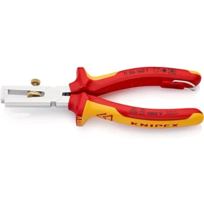 Image of Knipex Insulation Stripper with opening spring, universal chrome plated, insulated multi component grips, VDE tested integrated tether attachment point for a tool 160 mm 11 06 T