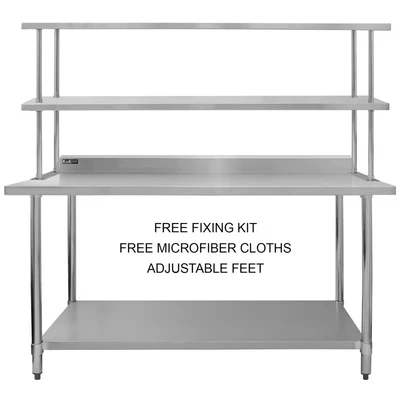 Image of KuKoo Kitchen Catering table With Double Over Shelf Work Bench Heavy Duty Prep Stainless Steel Commercial Home Preparation 5ft