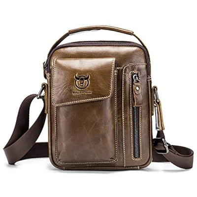 Image of QUEAMBLER Men&#039;s Small Shoulder Bag, Genuine Leather Retro lightweight Cross Body Everyday Satchel Bag for Business Casual Sport Hiking Travel Brown