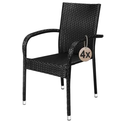 Image of CASARIA® 4 Piece Polyrattan Stacking Garden Chair Set Stackable Weatherproof Outdoor Chairs with Armrest 160kg Capacity Camping Patio Balcony Deck Seating Black