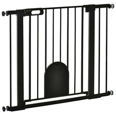 Image of PawHut Dog Gate with Cat Flap Pet Safety Barrier, Stair Pressure Fit, Auto Close, Double Locking, for Doorways, Hallways, 75 103 cm Black