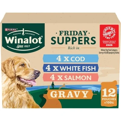 Image of WINALOT Friday Suppers Mixed Variety Fish in Gravy Wet Dog Food 12x100g, Pack of 4
