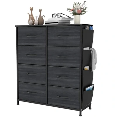 Image of YITAHOME Chest of Drawers with 8 Drawers, Fabric Cabinet Side Pocket&amp;Hooks,Sturdy Steel Frame,Dresser for Bedroom, Kids Room, Closet,Charcoal Black Wood Grain