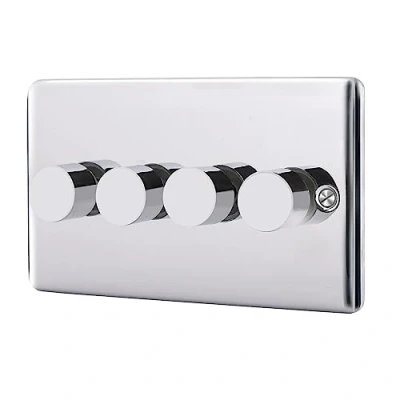 Image of ASAB 4 Gang 2 Way Push Dimmer 400W PGM 33766 Brushed Steel Dimming Control Easy On and Off Button Durable Long Lasting to Install with Fixing Screws High Power Design