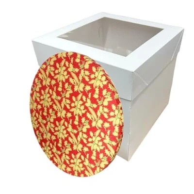 Image of LARRYROO Tall White Cake Box Extra Deep with Clear Display Window &amp; Festive Round Christmas Drum Board Combo (Red, 12 Inch)