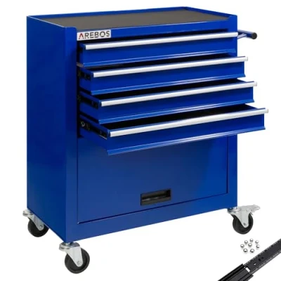 Image of Arebos Tool cabinet cart workshop trolley on wheels portable Blue 4 drawers + 1 compartment for tools incl. anti slip mats with ball bearings