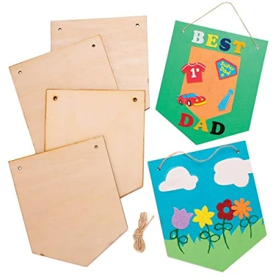 Image of Baker Ross AT395 Wooden Hanging Banners Pack of 4, Blank Templates And String For Children To Design Decorate