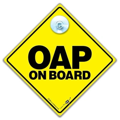 Image of OAP on Board Car Sign, Old Age Pensioner Driver Advisory Vehicle Sign for Elderly Driver, Joke 14 cm x 14cm 2cm