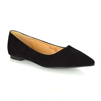 Image of Womens Flat Pointed Toe Shoes Ladies Ballet Faux Suede Slip On Pumps (Black Suede, Numeric_8)