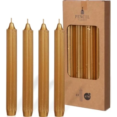 Image of Decorative Pencil Candles Taper Candle Set 4X Single Colour + Ribbed Table 20 cm Burning Time 7 Hours (Gold)