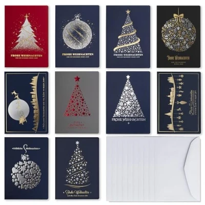 Image of art nuvo Exclusive Christmas Cards Set of 10 Cards, 120 x 170 mm, Gold Plated and Embossed Motifs Made from Metallic with Inserts Envelopes