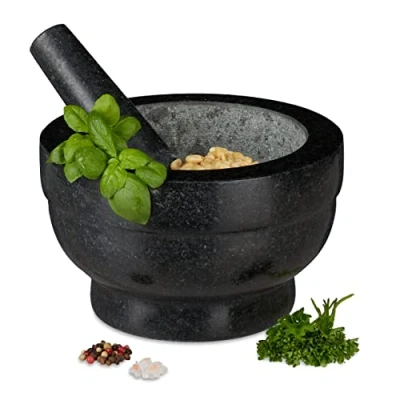 Image of Relaxdays Mortar with Pestle, Spices, Herbs, Polished Stone Mortar, Ø 20 cm, Vol. 1 L, Granite, Black