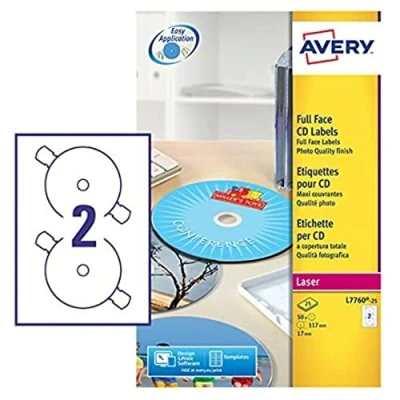 Image of Avery L7676 100 Printable, Customisable Opaque Full Face CD Labels, 2 Labels Per A4 Sheet, White