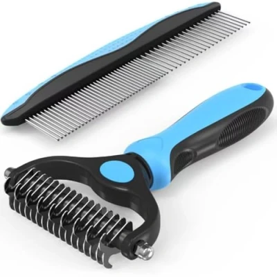 Image of Dematting Comb for Dog and Cat Pet Grooming Rake Brushes Small Medium Large Dogs 17+9 Double Sided Deshedding Tool Removes Knots Tangled Hair (Blue)