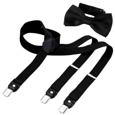 Image of DonDon Men’s 1.0&quot; wide Y style elastic and adjustable suspenders braces as a 2 piece set with matching colour bow tie 4.72 x 2.36 Black